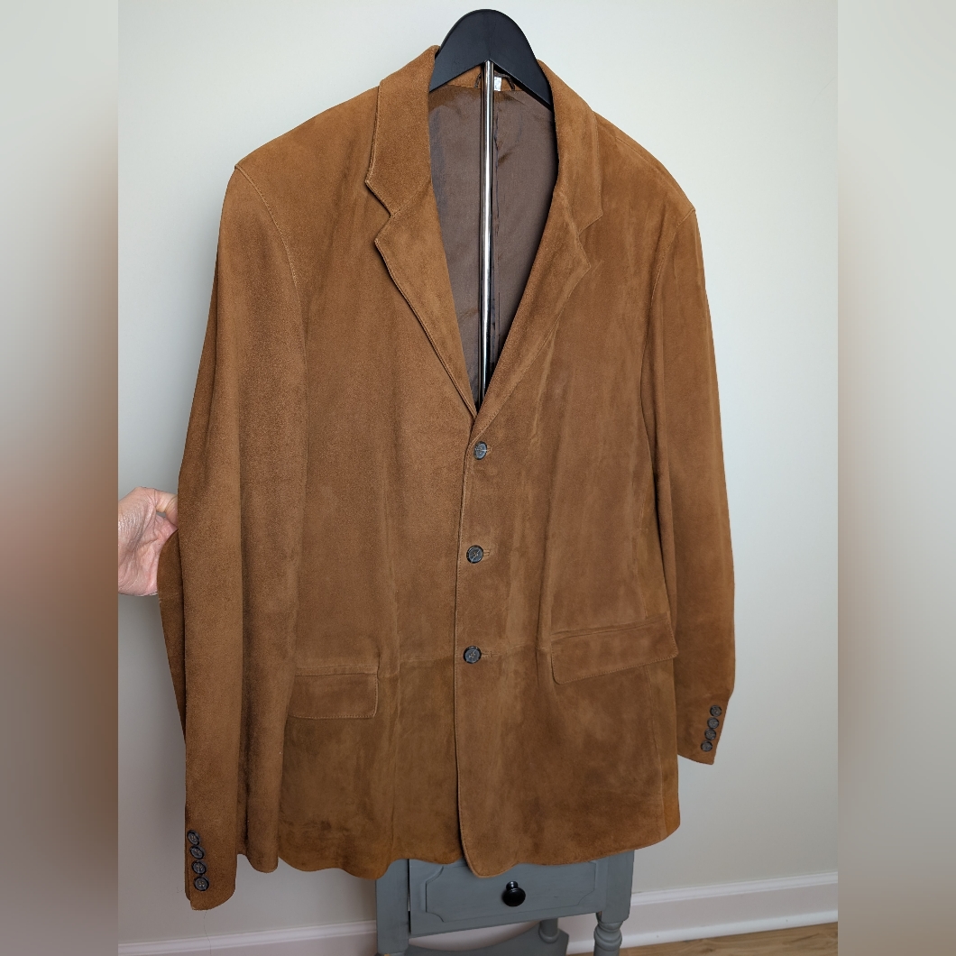 Vintage 80s Men's Cognac Soft Suede Leather Sport Coat Blazer Jacket Size 42 L